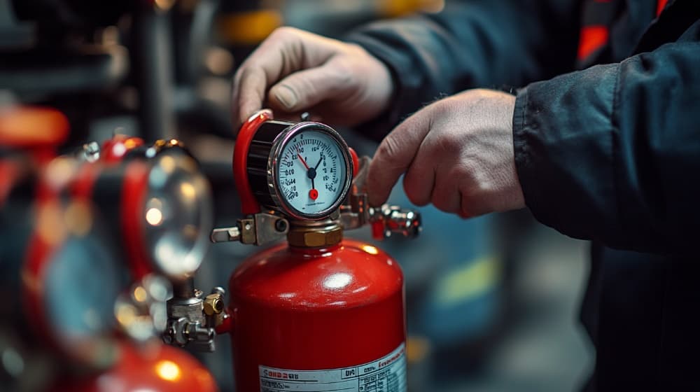 Professional performing detailed fire extinguisher inspection